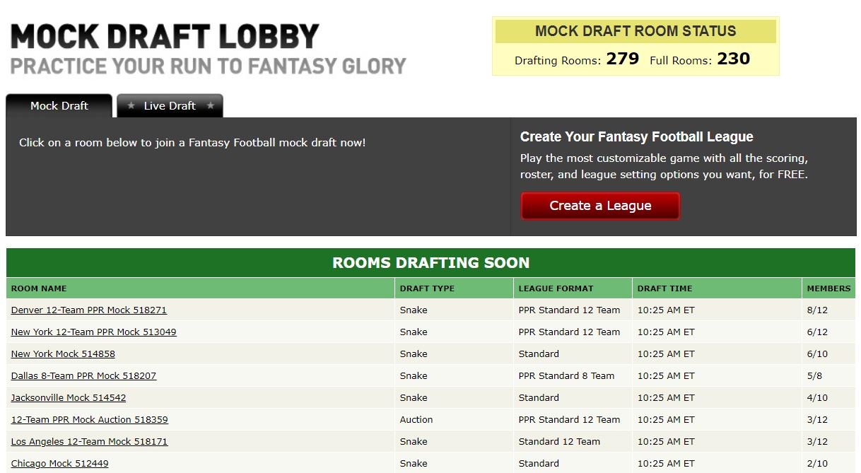 espn fantasy draft mock