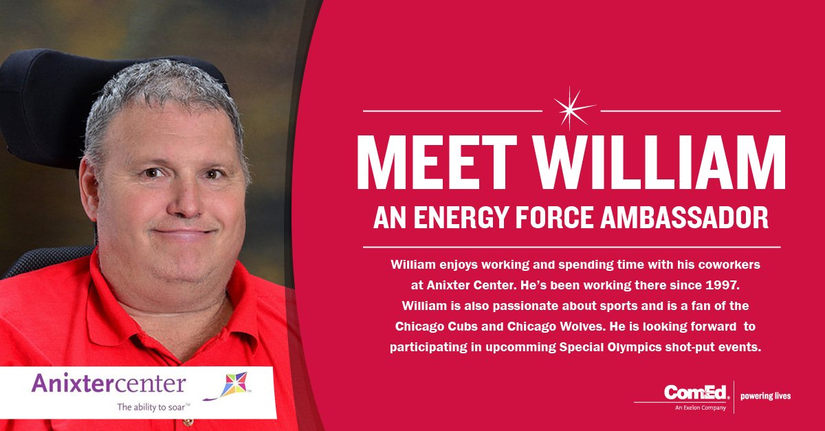 ComEd's tweet photo. Say hi 👋 to William from @AnixterCenter! William is a @SpecialOlympics athlete and a member of our first of its kind #EnergyForce program taught by people with disabilities. Learn more about the #ComEdEnergyForce program at https://t.co/th6gHbdaGE https://t.co/FPeukETh0a