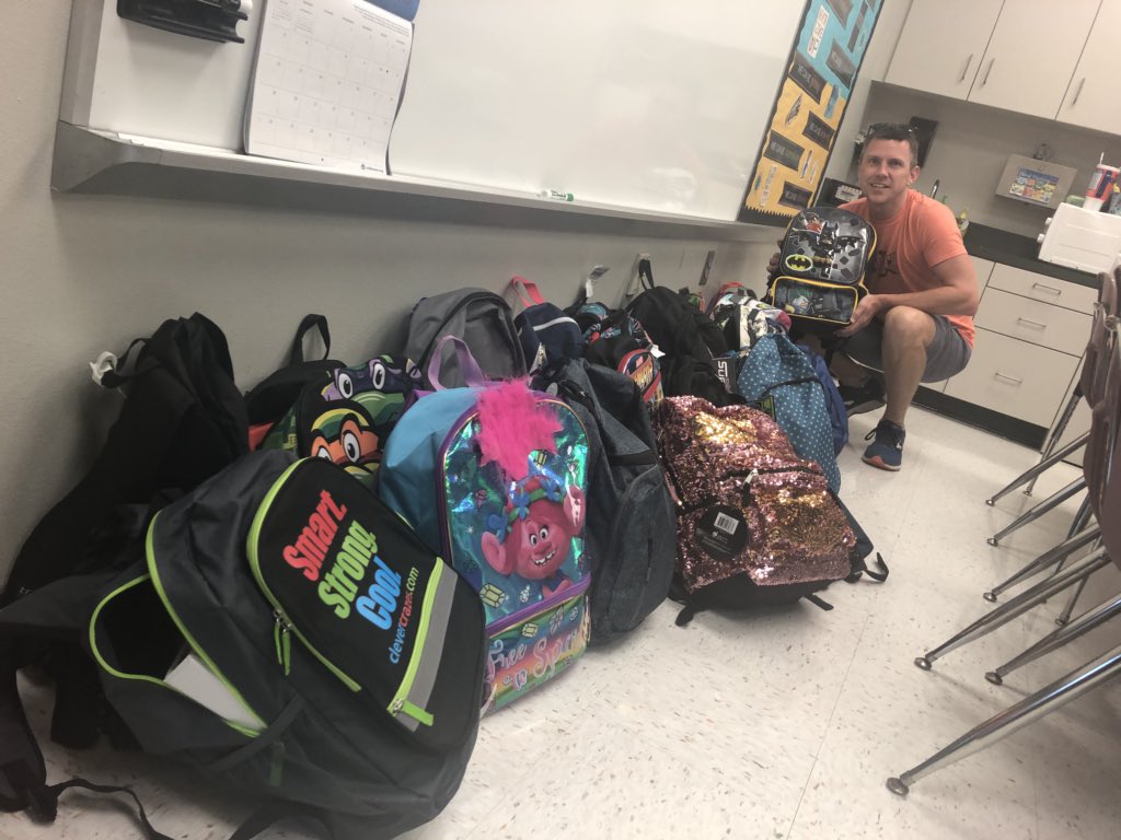 TwinLakes_HCPS's tweet photo. What a blessing! Our new teacher Mr. Walker collected book bags with school supplies for his birthday to give to our students in need. @HCPSArea2 https://t.co/SFfvxyxiye