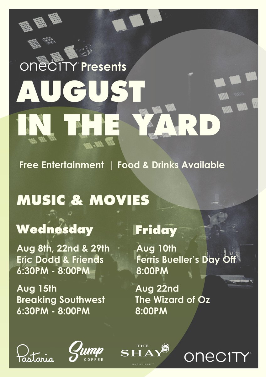 oneC1TY's tweet photo. Starting this week, August 8, oneC1TY’s first Music & Movies in The Yard summer series begins with @EricDoddMusic & Friends! Concert will start at 6:30pm! Free event and free parking. We'll see you there! #MusicMonday #movies #oneC1TY https://t.co/R19gZRji0d