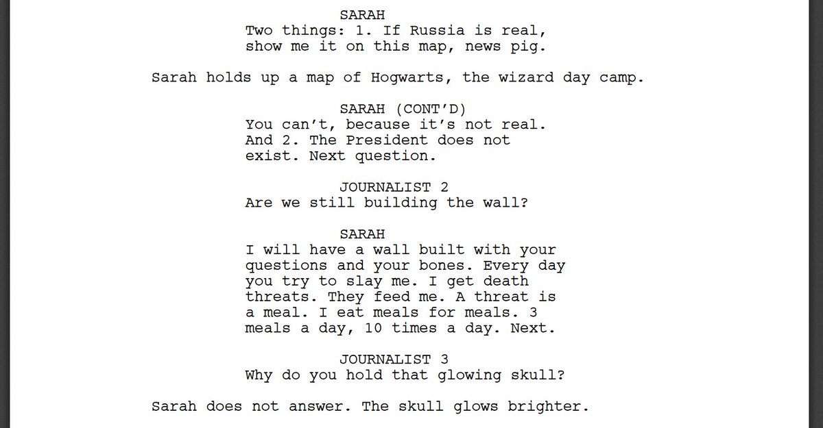 KeatonPatti's tweet image. I forced a bot to watch over 1,000 hours of White House Press Briefings and then asked it to write a White House Press Briefing of its own. Here is the first page.
