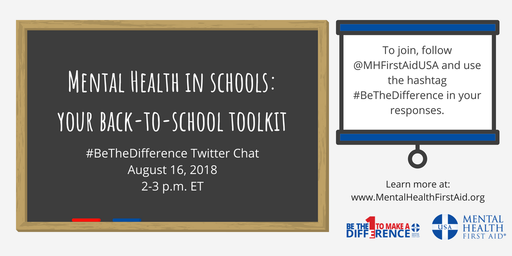 MHFirstAidUSA's tweet photo. Only 10 days until our special #BeTheDifference chat on school mental health. Will you join us?

Happening Aug. 16, 2-3 p.m. ET. See you there! https://t.co/4aQfxVwOzd