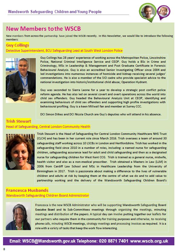 We are pleased to share with you the London Borough of Wandsworth Safeguarding Children Board (WSCB) Newsletter - August 2018. Please click on the Link for the full details: wscb.org.uk/wscb/info/95/n…