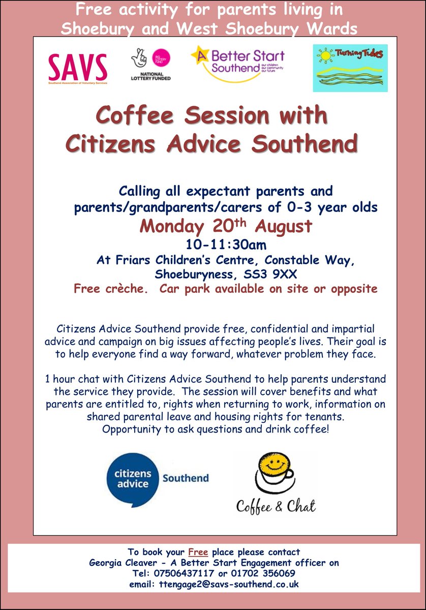 A great event coming up on Monday 20th August for parents and carers of 0-3 year olds living in Shoebury or West Shoebury. Citizens Advice will be giving free information and advice at Friars Children Centre between 10-11.30am. <a href="/SouthendCAB/">CitizensAdviceSonSea</a> <a href="/ABSSouthend/">A Better Start Southend</a> <a href="/savs_southend/">SAVS</a>