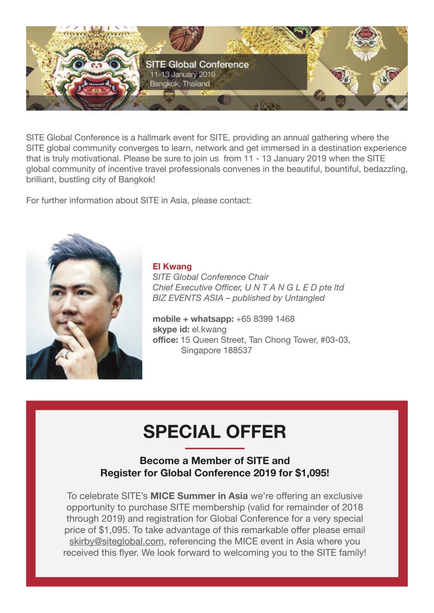 SITEGlobal's tweet photo. In January of 2019 #SITEGC will be hosted in Bangkok, Thailand. In advance of that, SITE leaders will be bringing the good news about incentive travel to a range of MICE events across China and Southeast Asia - you can find out where to meet them below ⬇ #SITEUnite https://t.co/kVjoDoqlob