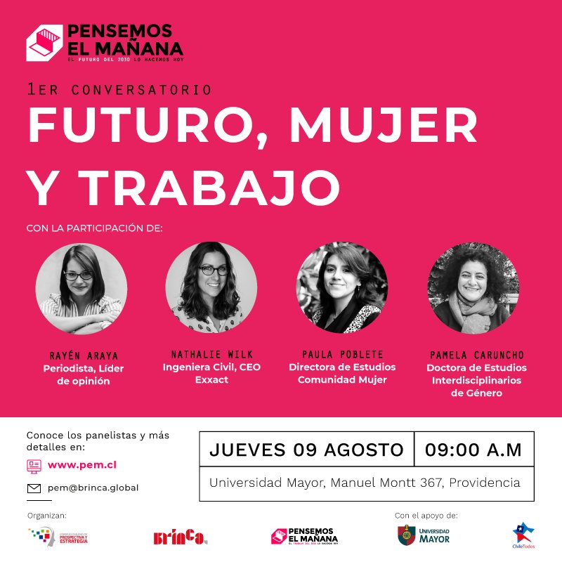BrincaGlobal's tweet photo. Recuerda! Este Jueves. 1er Conversatorio "Futuro, mujer y trabajo". Académicos, periodistas, empresarios y personas como tú, discutiendo las claves del Chile 2030. Abierto y Gratuito! @DiarioMayor @congresofuturo @Chile_Todos #ChileLoHacemosTodos +Info https://t.co/eXmwo90gb8 https://t.co/e2qHs7LZZW