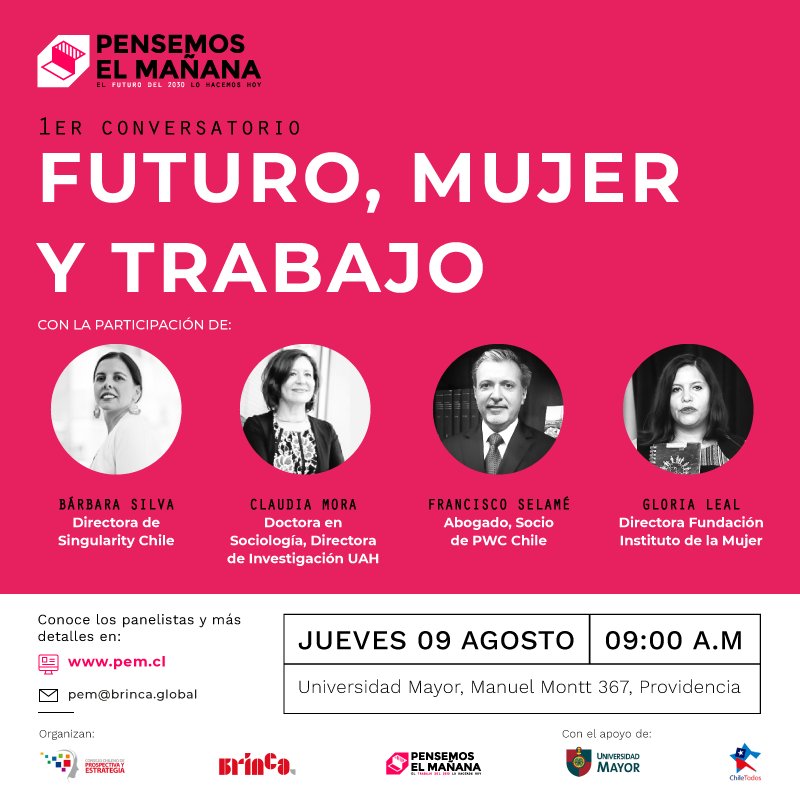 BrincaGlobal's tweet photo. Recuerda! Este Jueves. 1er Conversatorio "Futuro, mujer y trabajo". Académicos, periodistas, empresarios y personas como tú, discutiendo las claves del Chile 2030. Abierto y Gratuito! @DiarioMayor @congresofuturo @Chile_Todos #ChileLoHacemosTodos +Info https://t.co/eXmwo90gb8 https://t.co/e2qHs7LZZW