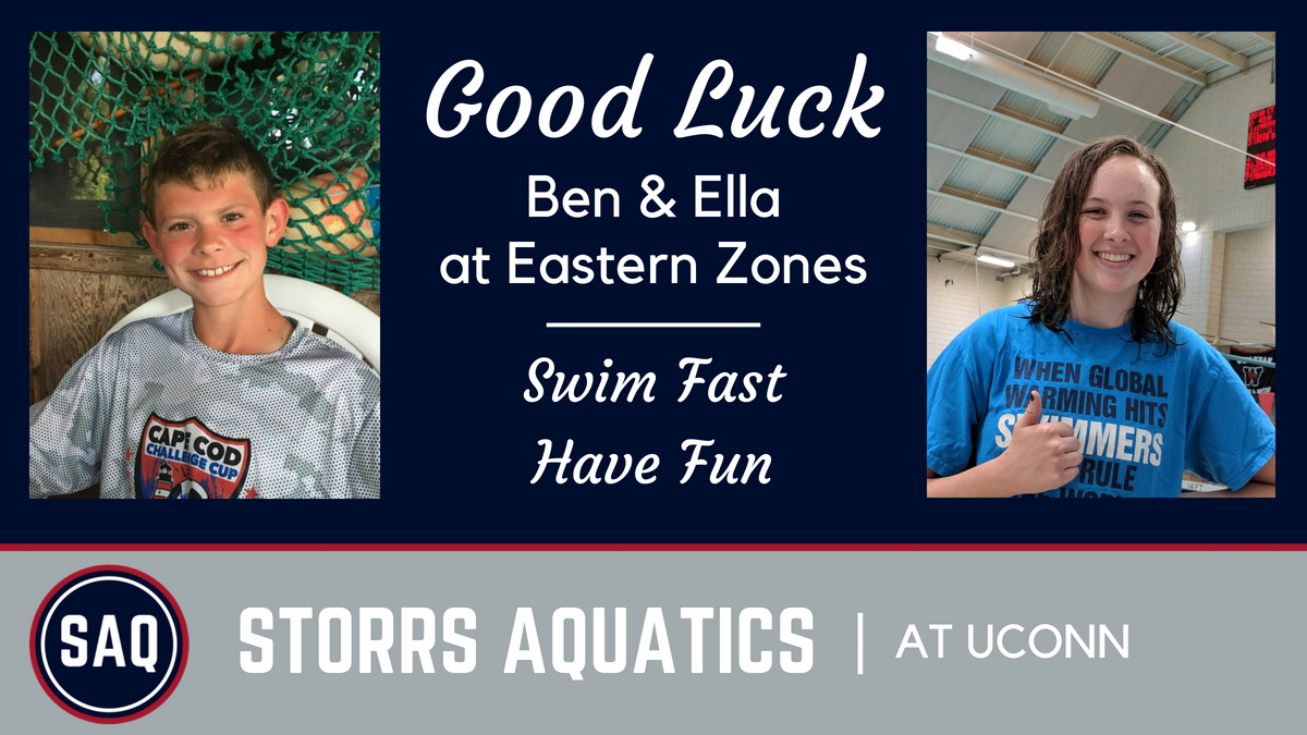 StorrsAquatics's tweet photo. Ben Pope and Ella Halpin leave for Richmond, Virginia tomorrow to represent STORRS AQUATICS and @ctswim at the 2018 Eastern Zone LCM Age Group Championship. Good luck. Swim fast, have fun! #SAQAttack #SAQProud #2018EZChamps https://t.co/gdEvIy6zDB