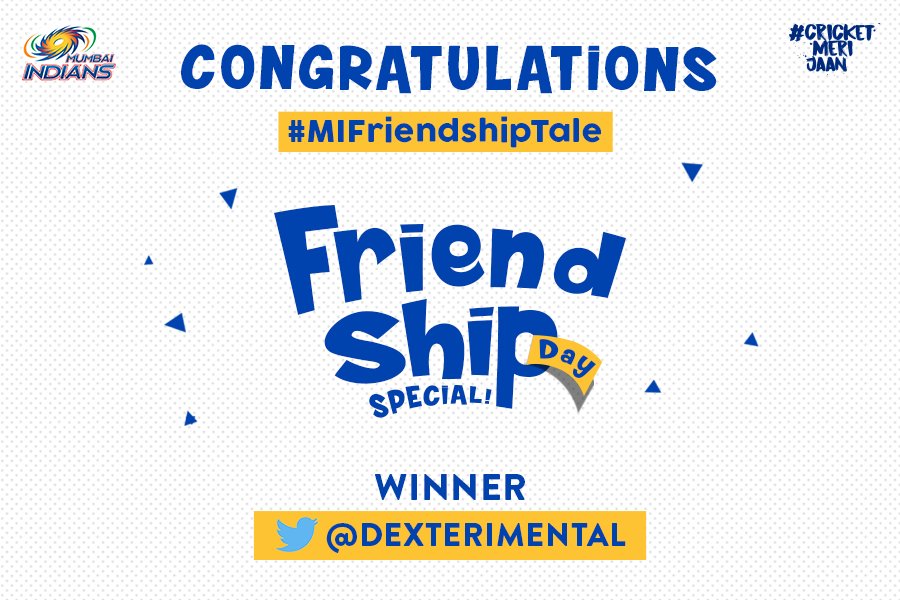 Congratulations to <a href="/DeXterimental/">Sahil Sharma</a> on winning the #MIFriendshipTale contest! 🎉

Please DM us with your details. 

#CricketMeriJaan