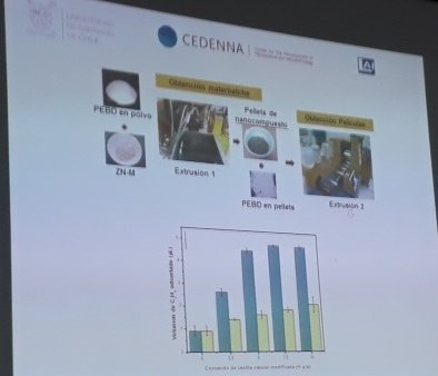 CEDENNA's tweet photo. Dra. Galotto explica cómo la zeolita tiene mejor capacidad de adsorcion de etileno para incorporarla en el envase de alimentos, por ejemplo en el caso del plátano, retrasando su maduración. En #pronano 2018, en @VIMEUSACH . https://t.co/Ekmm9j25CK