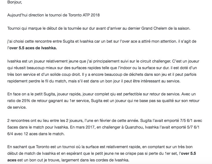 Mediapronos's tweet photo. Le pronostic de notre expert tennis #Sunseaska est validé !
Over 5.5 aces Ivashka @ 1.70 ✅✅
Bon début de journée pour les membres de https://t.co/c0NbEAU11q !
#TeamParieur #TeamMediaPronos https://t.co/jNqghMz8sL
