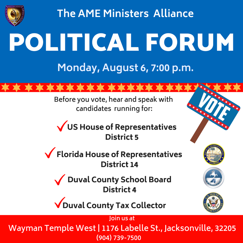 waymanmin's tweet photo. Join us tonight as we host the AME MINISTERS POLITICAL FORUM at our West Campus @ 7 p.m. Of the 14 candidates in these races, 13 will be present. A great way for you to get to know them before you go vote!
#WaymanMinistries #PoliticalForum #Vote #DuvalElections https://t.co/iNGBn0KeDa