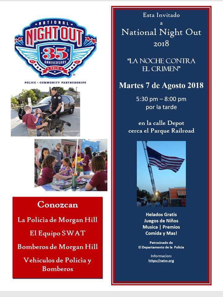 MorganHillPD's tweet photo. Tomorrow night is #NNO2018
Join K9 Basco, and members of MHPD SWAT, Traffic Unit, Bicycle Team, Animal Control and more.
5:30-8pm on Depot St. https://t.co/mzsOID3ptc