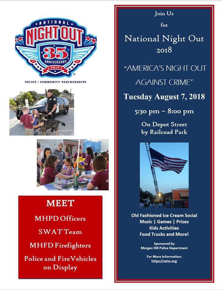 MorganHillPD's tweet photo. Tomorrow night is #NNO2018
Join K9 Basco, and members of MHPD SWAT, Traffic Unit, Bicycle Team, Animal Control and more.
5:30-8pm on Depot St. https://t.co/mzsOID3ptc