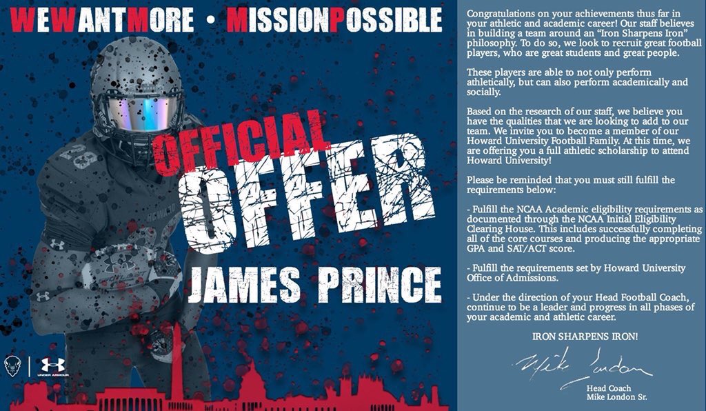 _jamesprince_'s tweet image. Official Offer from Howard 🔴🔵 #MissionPossible2 @CoachMikeLondon @coachbull_ @CoachMLondonjr @DLRunStoppers