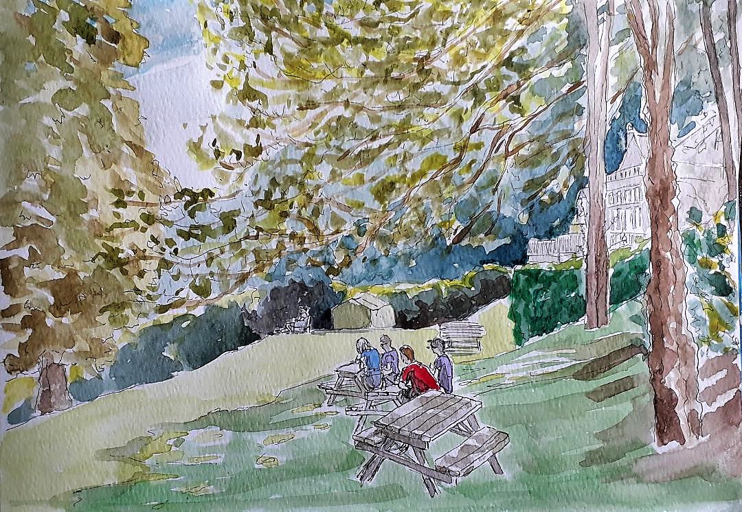 Day 6 of #drawingaugust found me in the garden of <a href="/HareHoundsBath/">The Hare & Hounds</a> alongside members of <a href="/BathamptonArt/">BathamptonArt</a>. A pen sketch and then watercolour.