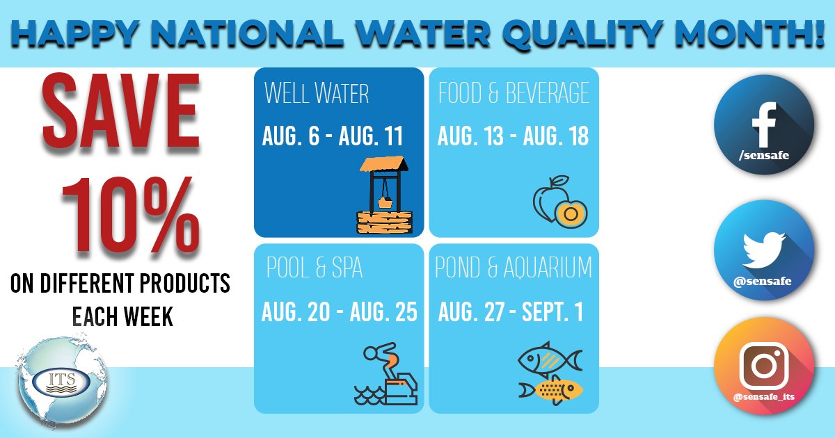 sensafe's tweet image. Happy National Water Quality Month! To celebrate, ITS has put together a month full of deals. Tune in every Monday to see what special deals will be going on that week!  #ITS #Sensafe #waterquality #watertesting