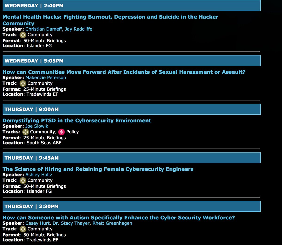 KimZetter's tweet image. The hacker/infosec community has suffered a number of tragic suicides and death from overdose, so it's great to see that @BlackHatEvents is offering a community track this year that covers addiction, mental health and burnout