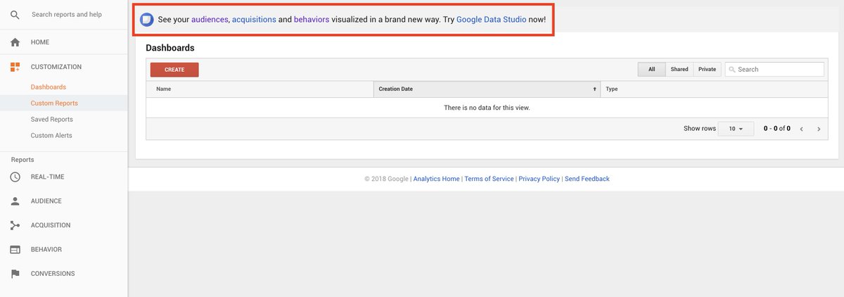 Google is now promoting Data Studio within GA. I'd venture to guess that few people will spend any time in GA two years from now, other than during setup. Focused data visualization is far more practical for organizations. #Datavisualization #DataViz #Analytics #DigitalMarketing