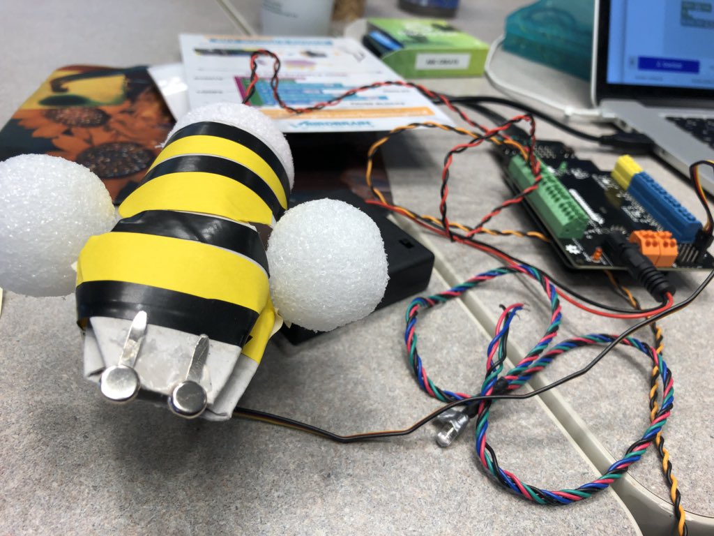 digisalad's tweet photo. @abc_create #PD with @KelseyConnects @birdbraintech @microbit_edu using bee waggle challenge #beforelunch #Hummingbirdrobotics @remakelearning https://t.co/fFJUvR5cRm