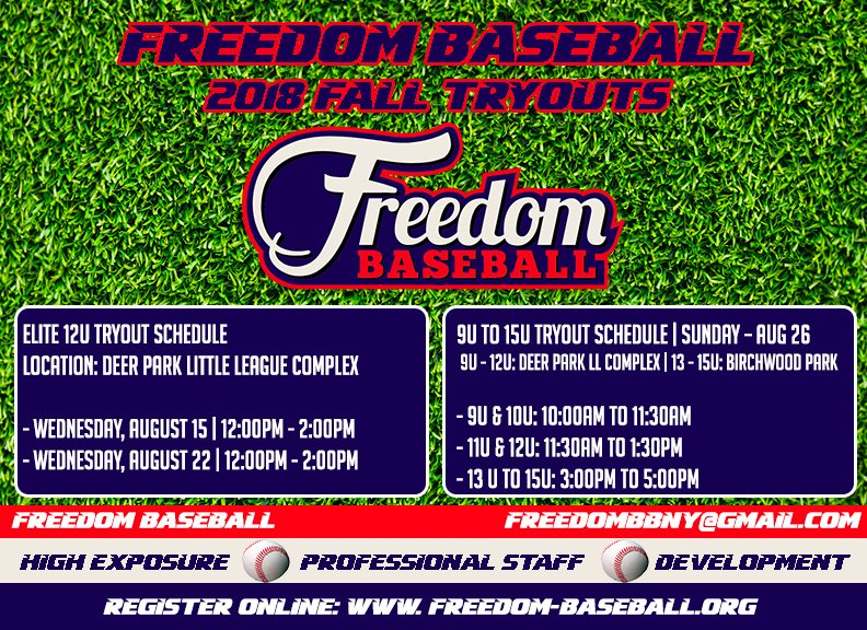 FreedomBBNY's tweet photo. Freedom Baseball Fall Tryouts

Calling all Travel Baseball Players that want to play for an elite travel organization! Our philosophy at Freedom Baseball is not only to produce successful winning teams, but develop each individual player, both mentally and physically. https://t.co/lfFuYJADVu