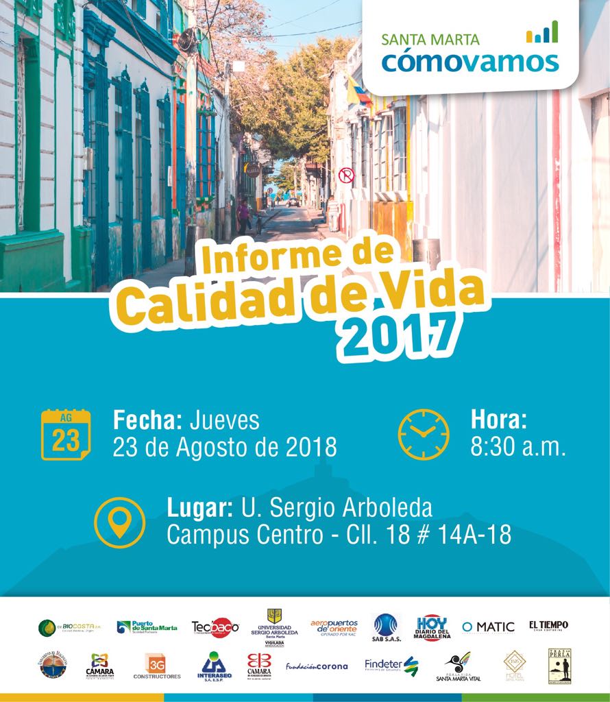 Unimagdalena's tweet photo. Este 23 de agosto a las 8:30am, conoceras el Informe de #CalidadDeVida2017 #SantaMartaCómoVamos https://t.co/5POHSdn0OI