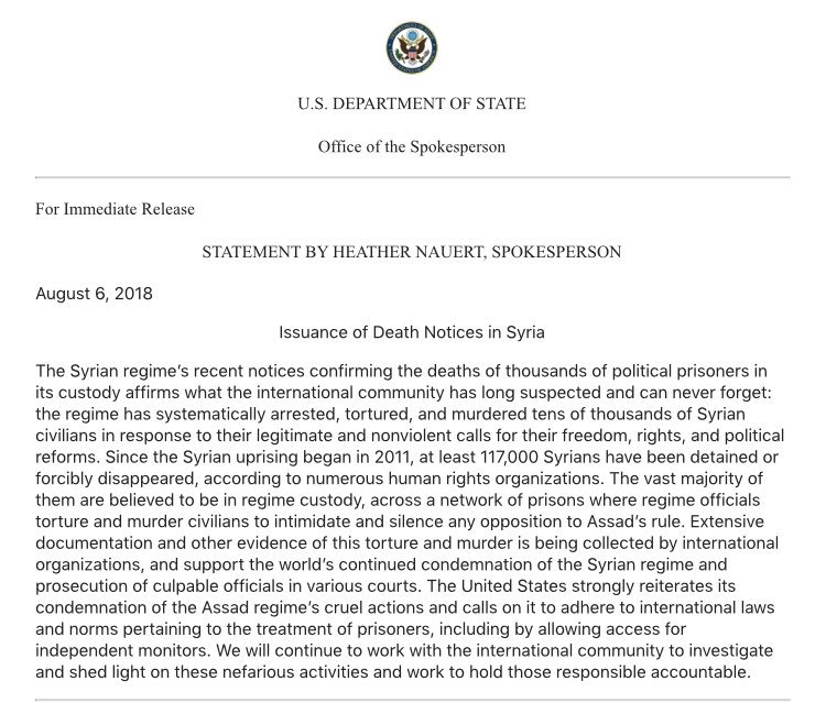 US condemns the Syrian government's growing admissions over the deaths of thousands of political prisoners in its custody.

#AssadWarCrimes