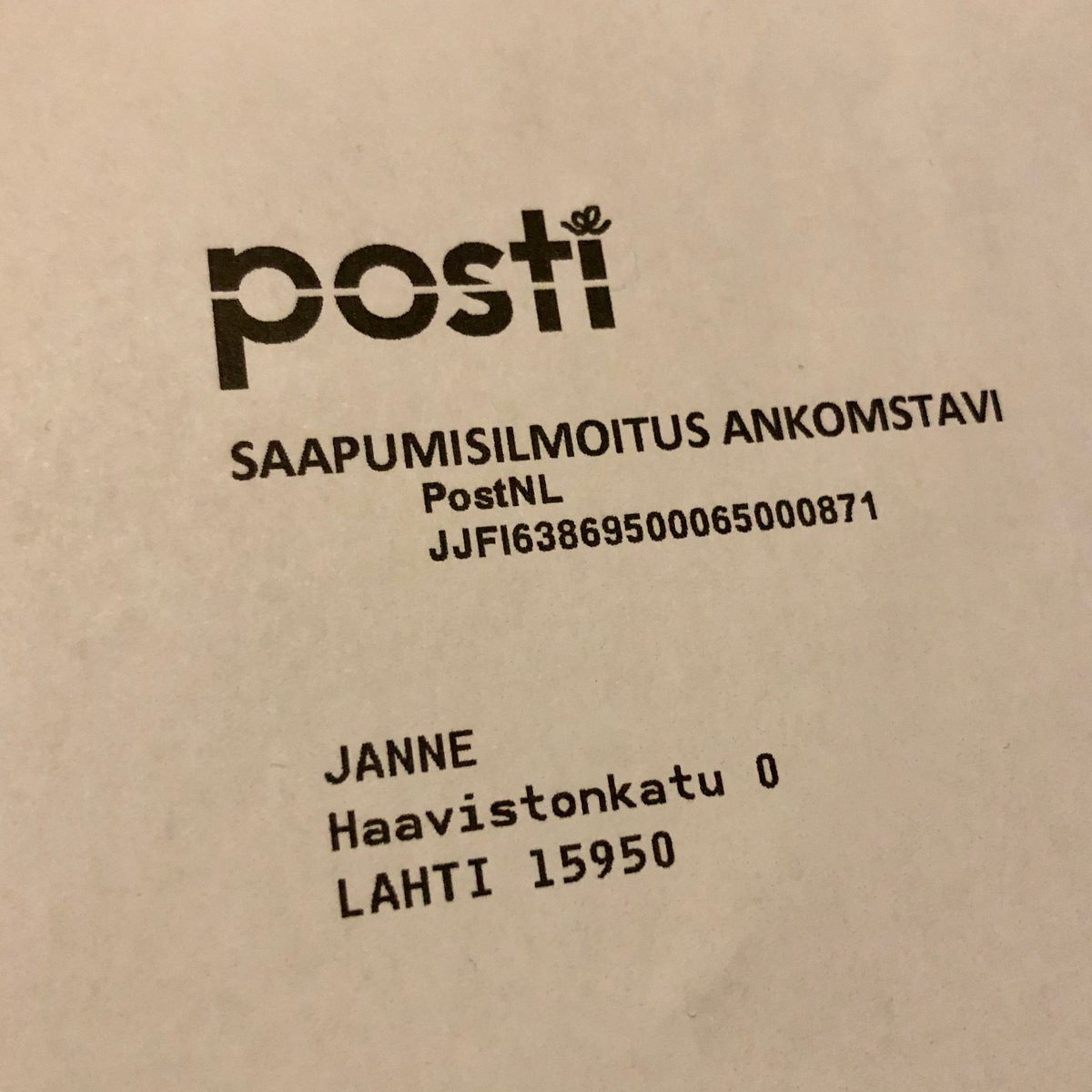 jannelkala's tweet image. Paketti ⁦Hollannista hieman suurpiirteisin koordinaatein.  #nimi #osoite #postipaketti ⁦@PostNL⁩