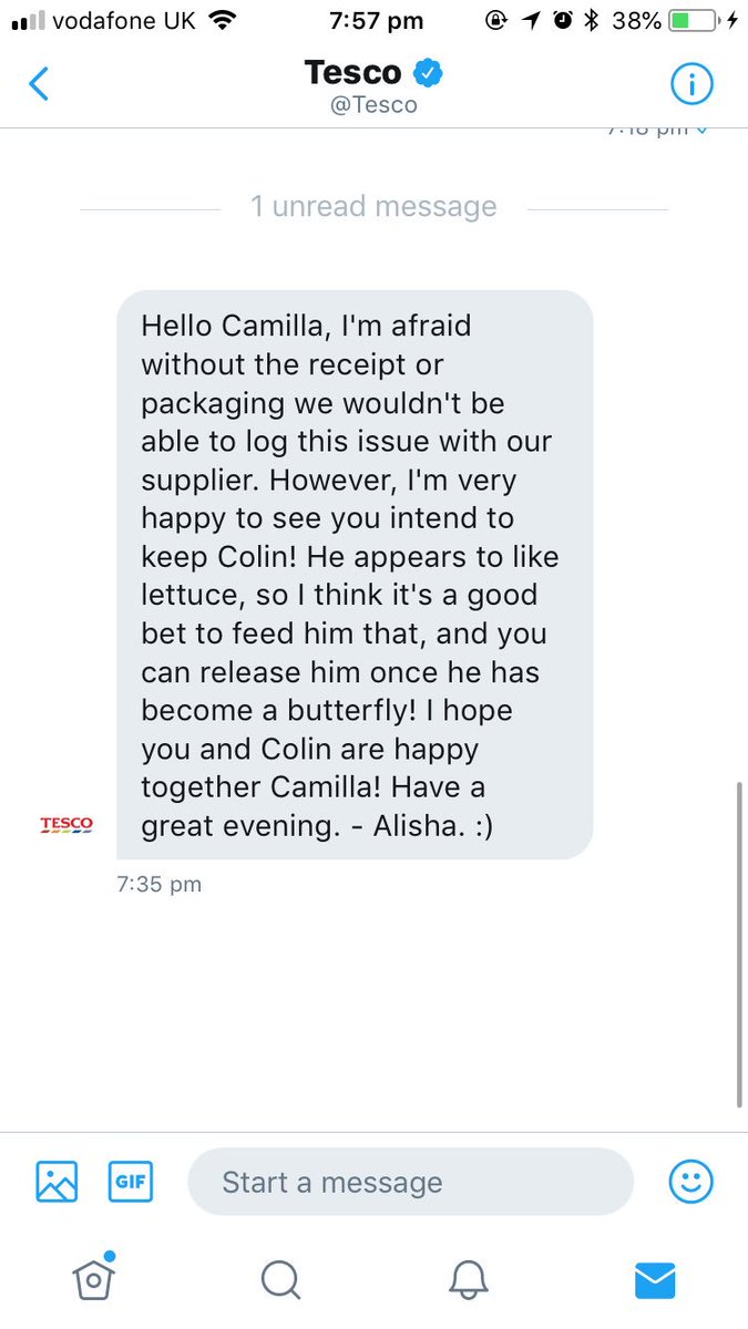 camsmith1987's tweet photo. YES Tesco! This is the type of customer service response that makes you human! Colin and I are grateful for your warm wishes. https://t.co/G6ujHX3Wpp