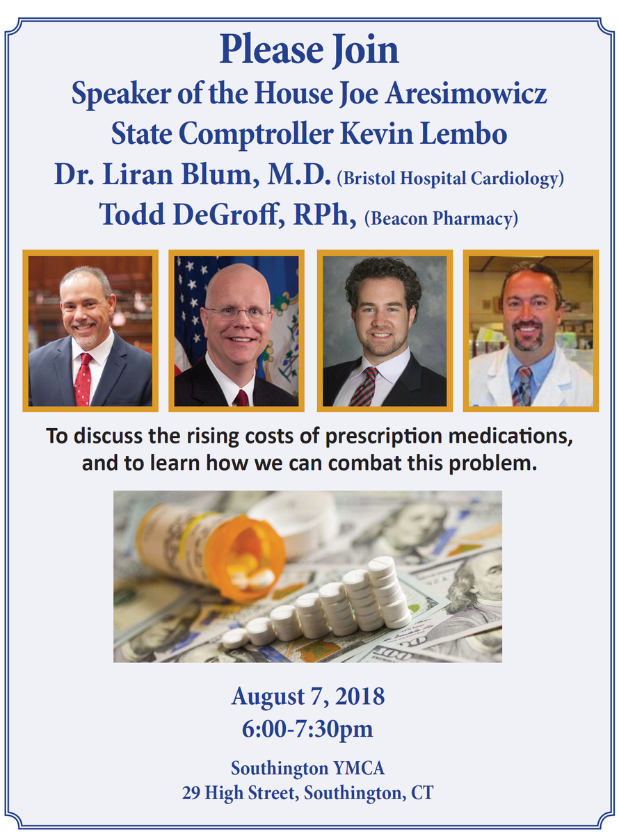 ComptrolLembo's tweet photo. Who will join us in Southington Tuesday night?

Look forward to joining Speaker @JoeAresimowicz 's Prescription Drug Pricing Forum @SouthingtonYmca to talk about what we can do to fight skyrocketing drug costs. This forum is open to the public and free. Hope to see you there! https://t.co/c52dLzNM2g