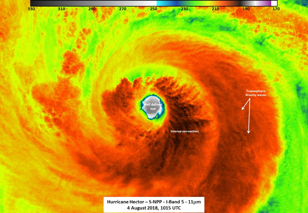 Hurricane Hector was impressive in night-time &amp; infrared imagery taken by the @NASANPP satellite. Hector recently crossed into the Central Pacific Ocean and strengthened into a Category 4 Hurricane. More updates from <a href="/NASAHurricane/">NASAHurricanes</a>: go.nasa.gov/2ALKK5A