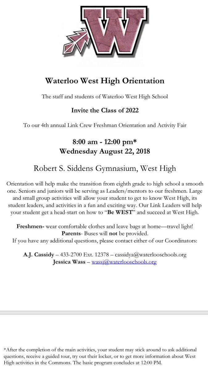 WaterlooWest's tweet image. Freshmen Orientation will be held in the main gym on Wednesday the 22nd from 8-Noon. Flyer attached.