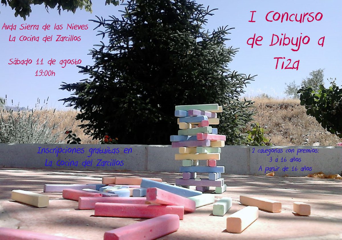 I CONCURSO DE DIBUJO A TIZA
 La Cocina del Zarcillos te invita a  pasar una tarde divertida y creativa en el sábado  11 de agosto a partir de las 19:00 horas en la avenida Sierra de las Nieves. Consulta las bases en nuestro Facebook!