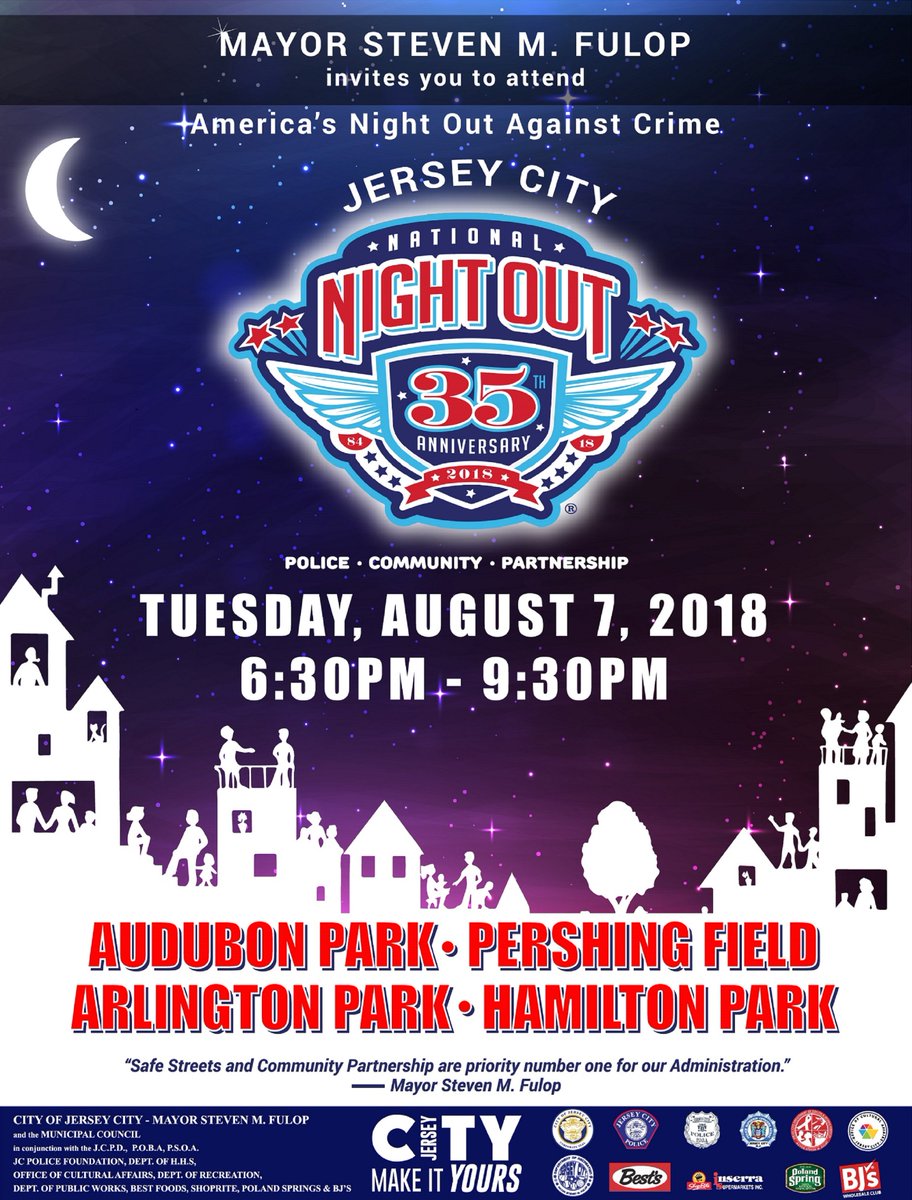 CentralAveSID's tweet photo. Get ready #JerseyCity, #NationalNightOut is back Tue., Aug. 7th 6:30pm - 9:30pm. #JCPD will be hosting 4 events citywide including #PershingField Park on #CentralAve in #JCHeights. Several local bizs/ sponsors will be there 2 support theme of #Police, #Community, & #Partnership. https://t.co/et3vOnIZrJ
