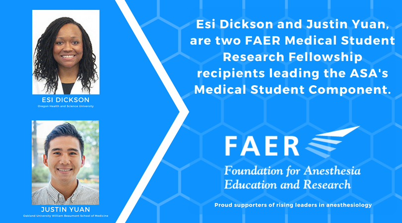 FAERanesthesia's tweet photo. '17 MSARF recipients Esi Dickson @OHSUSOM &amp; Justin Yuan @OUWBwere serve as the  Chair &amp; Chair-elect of the Medical Student Component of @ASALifeline.  @FAERanesthesia is honored to fund the future of #anesthesiology. Read more about Esi and Justin here: https://t.co/YBXM43uHgx https://t.co/K66AAgv6Nh