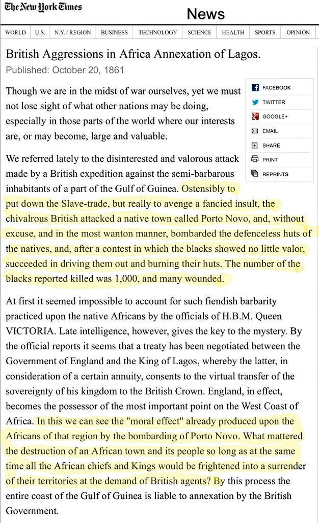 On this day in 1861, Britain annexed Lagos, formally commencing Nigeria's colonial era. Well, Americans didn't approve. Here's the New York Times blasti…