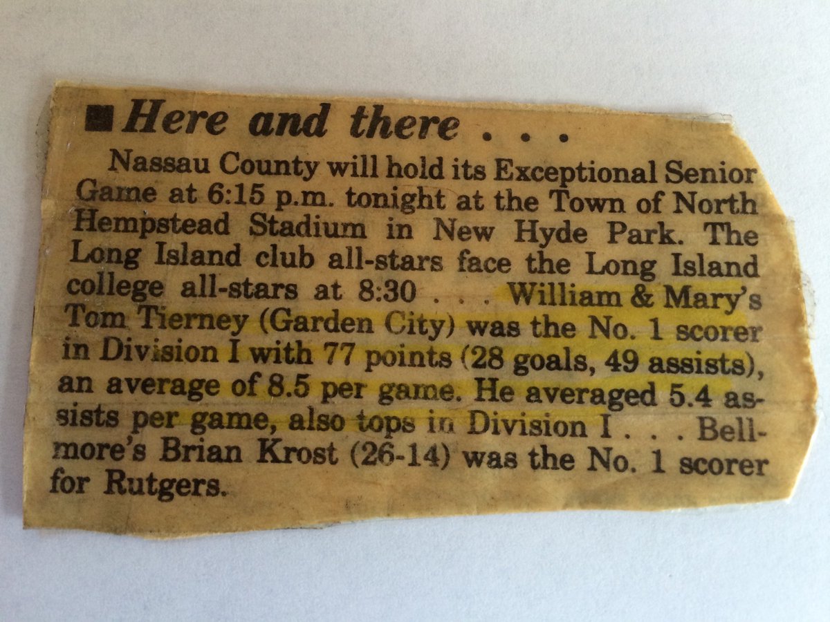 WMMensTribeLax's tweet photo. Despite the color of the newspaper, it’s from Newsday 1985 not 1885.  #Tribe #TribeLax #W&amp;M #lacrosse #gonebutnotforgotten https://t.co/gGg1pu9Gqh