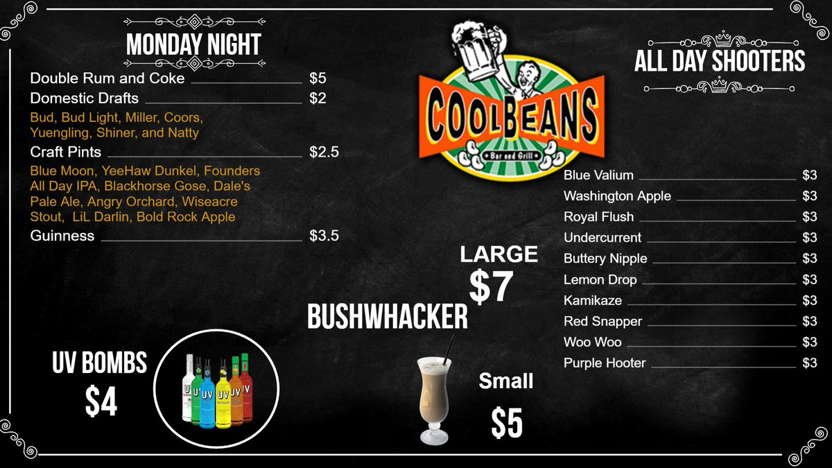 CoolBeansKnox's tweet photo. Mondays do not have to be a bad thing. #mondayfunday #coolbeans #onebeeroneshot #coldbeer #shooters #bushwhacker #campus #utk #lakeave #tradition #knoxville #knoxrocks https://t.co/piJUlHXbqk
