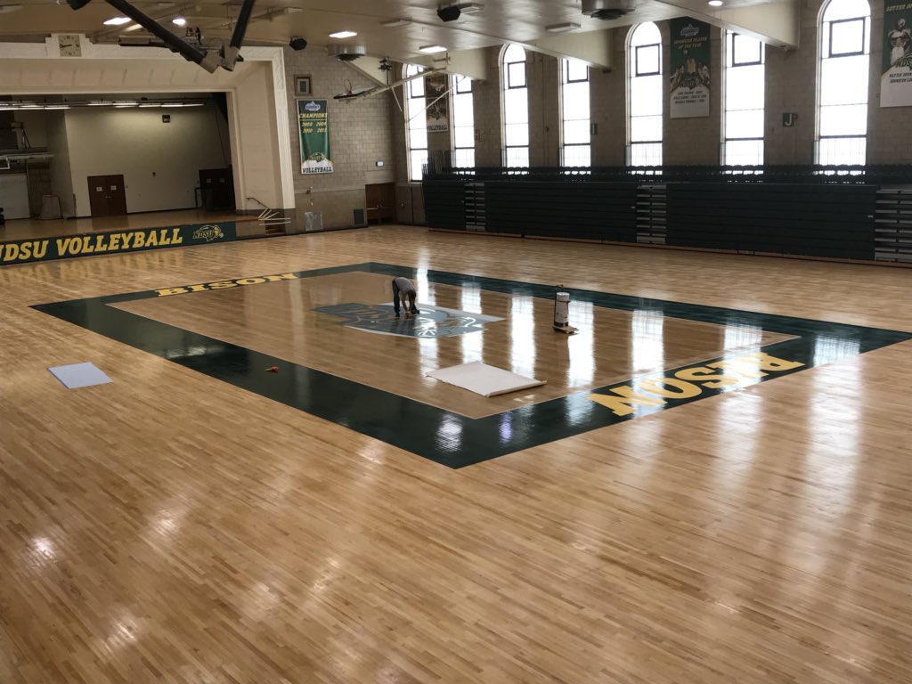 The Floor redo in the BBF for @NDSUvolleyball continues to progress.  One more day of painting and then 10 days of drying.  #SummerProjects