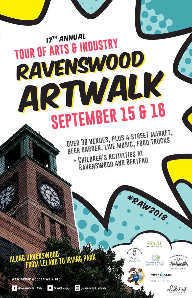 RAWchicago's tweet photo. What do you think of this year's RAW poster? Designed by local artist Megan Knee! Thanks to our 2018 sponsors, Greater Ravenswood Chamber of Commerce, Ravenswood Community Council, SSA 31, Lillstreet Art Center, Luckyprints, Thresholds and Crafty Beaver! #Ravenswood #RAW2018 https://t.co/l6vMypMo7v