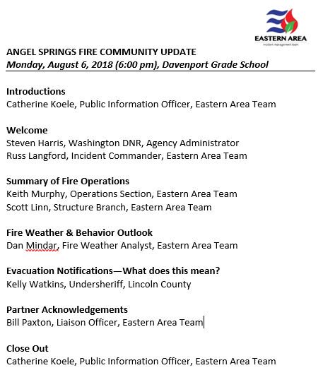 EA_IMT's tweet photo. Angel Springs Fire, community meeting tonight Aug.6th, at the Davenport Grade School @ 6 pm. Take a peek at our agenda and hope to see you tonight!
#AngelSpringsFire #WAwildfire #EAIMT https://t.co/PlmptZ2gXr