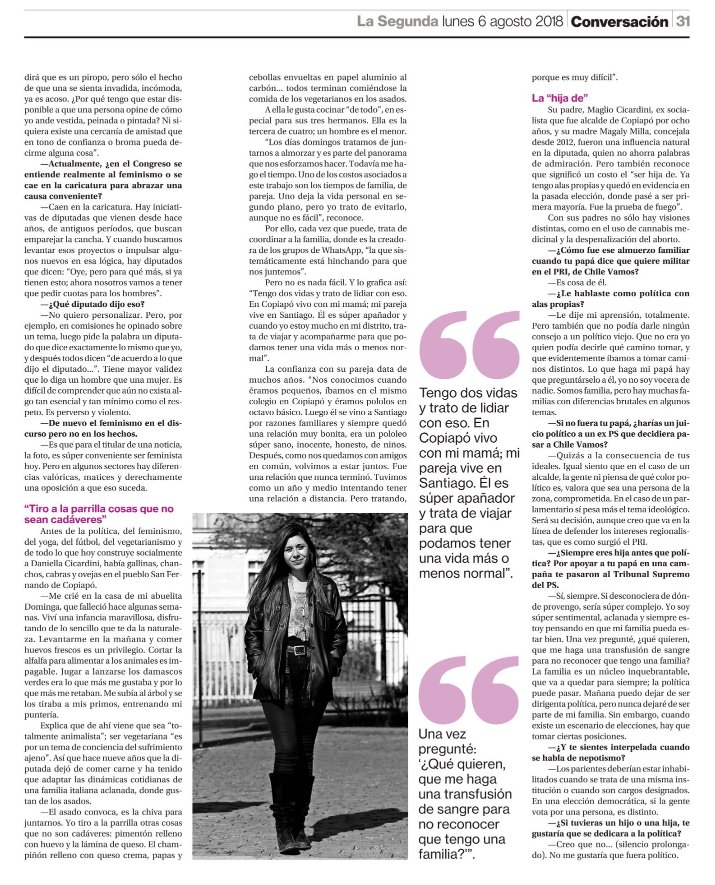 Quiero agradecer el profesionalismo de <a href="/La_Segunda/">laSegunda</a> en esta entrevista. Hablé de los episodios de machismo en mi vida, que incluso han ocurrido en la <a href="/CamaraDiputados/">camara diputados</a>, un acoso que sufrí en la adolescencia, sobre ser vegetariana y la política en general <a href="/bancadaPSchile/">Diputadas y Diputados PSChile</a>