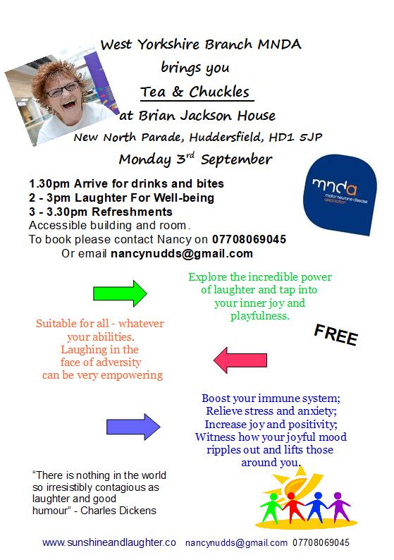 MNDA_WestYorks's tweet image. Only 4 weeks until this FREE event which has kindly been organised by Nancy! It's open to all people living with and supporting those with MND! #laughterforwellbeing #tea&amp;amp;chuckles. Contact details in the poster 😁