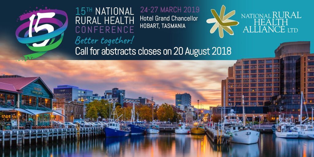 Two weeks to submit an abstract for 15th #ruralhealthconf

Submit abstract here:  ruralhealth.org.au/15nrhc/program…

Closes on 20 Aug 2018.  
Better together!