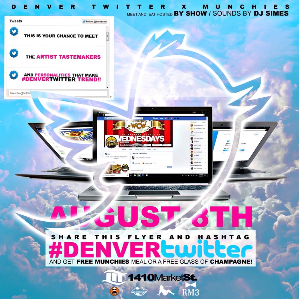 dubd_hme's tweet photo. #DenverTwitter I told y’all we on real Wave  #PMGPresents & #Munchies presents “Denver Twitter” Meet and Eat hosted by @ShowBmg  Much love to @pmgpresents @yakknochaser #Share this flyer for free food and glass of champagne! Come network! #TheKidDubD  #Denver  https://t.co/rBBTbHsftx