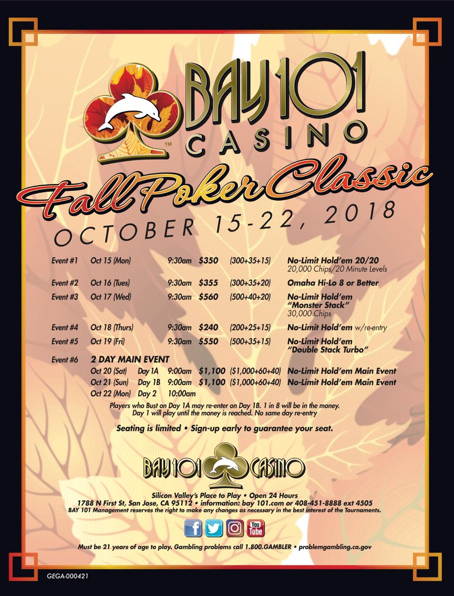 Bay101Casino's tweet photo. The new @Bay101Casino #FallPokerClassic has just been announced for October 15-22nd. Please put it on your calendar as it will be a great series! https://t.co/WidIuq0BUE