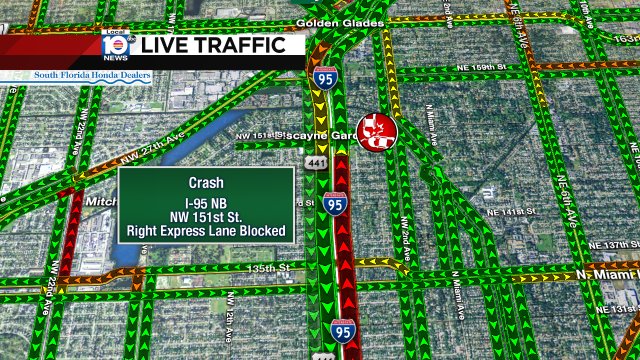 CRASH: I-95 NB & NW 151st St. An express lane is blocked and delays are stretching back for miles. #TRAFFIC https://t.co/TUpfFZZ6gp