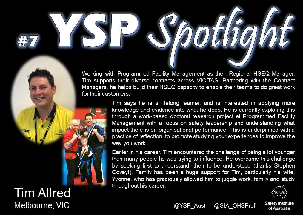 Today, Tim Allred is in the #yspspotlight (Profile 7)
Read about Tim's learning journey as an emerging health and safety professional.
<a href="/YSP_Aust/">Young Safety Pro</a> @SIA_OHSProf #aw2aw
Put yourself in the spotlight - Email: yspinfo@sia.org.au