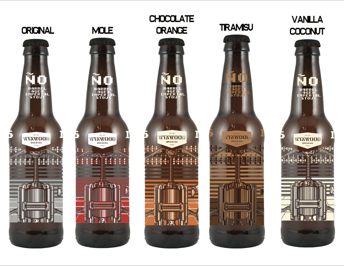WynwoodBrewing's tweet photo. Ño, is the strongest beer we've brewed to date clocking in at 14% ABV and aged in bourbon barrels. Five versions of the beer were created in honor of each year we've been open: Original, Mole, Coconut-Vanilla, Chocolate-orange, and Tiramisu. Available on 8/18/18 #5YearsInTheGame https://t.co/H8WPZFlR5s