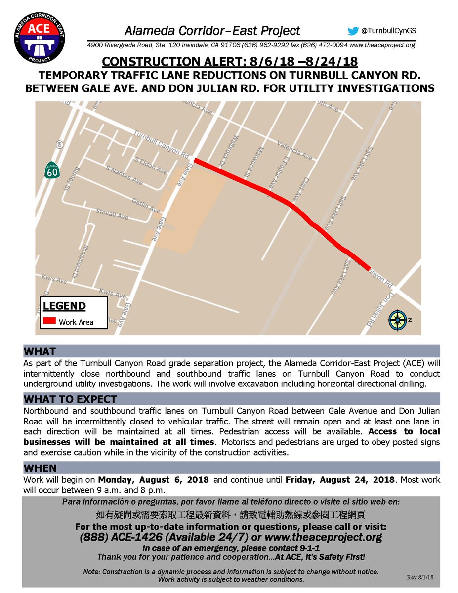 TODAY: As part of the Turnbull Canyon Rd grade separation project, northbound and southbound traffic lanes on Turnbull Canyon Rd between Gale Ave and Don Julian Rd will be intermittently closed through 8/24 to conduct underground utility investigations. Please exercise caution.